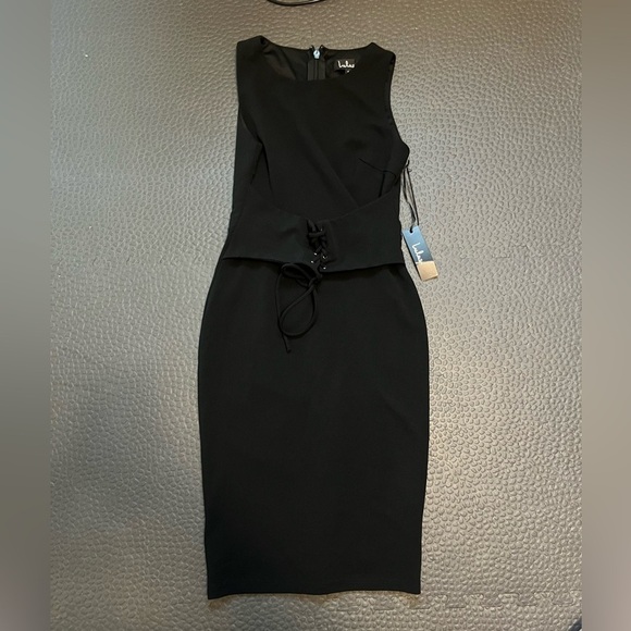 NWT Lulus Bodycon Lace Up Waist “Say So” Black Midi Dress - Picture 7 of 8